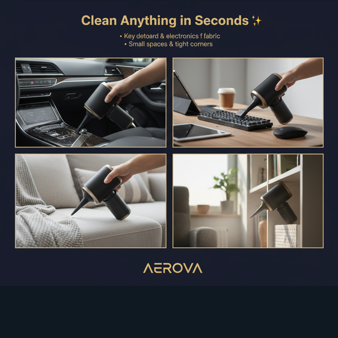 AEROVA portable keyboard cleaner removing dust from laptop and electronics with precision nozzle