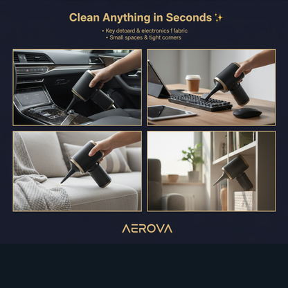 AEROVA portable keyboard cleaner removing dust from laptop and electronics with precision nozzle