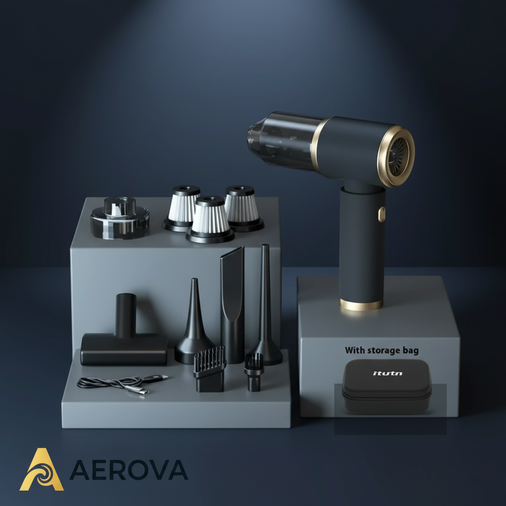 AEROVA cordless mini vacuum and blower with premium navy blue and gold design on dark background
